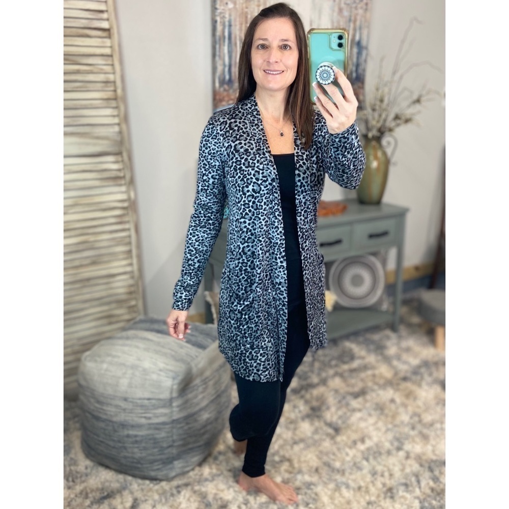 Open Long Line Cardigan Pocket Light Open Front Long Sleeve Leopard 0822